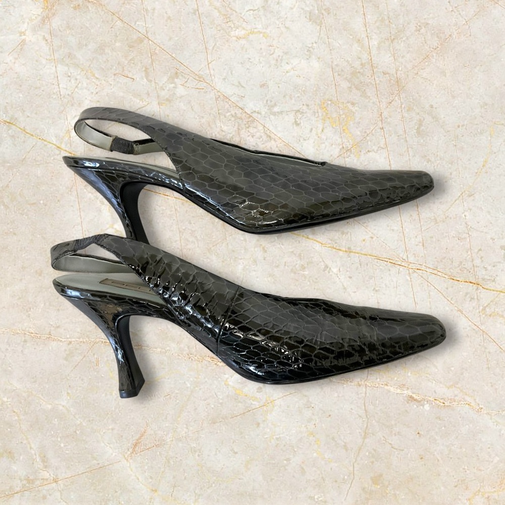 Bellini Black Patent Croc Heel SZ 11 Women Leather Ankle Strap Coquette Dinner - Picture 3 of 11